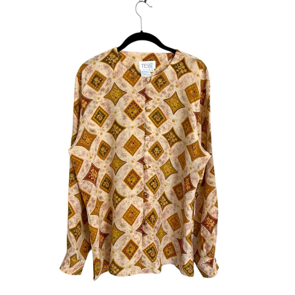 Vintage 100% silk geometric tile print button up blouse earthy tones art deco 12